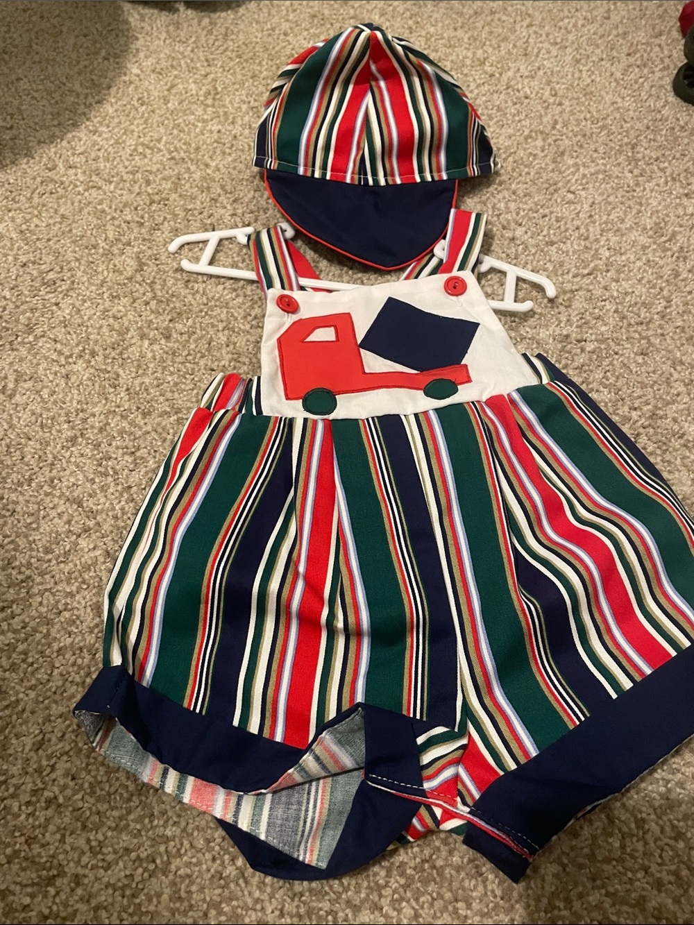 Nannette Striped Red, Green & Navy Truck Romper with Hat